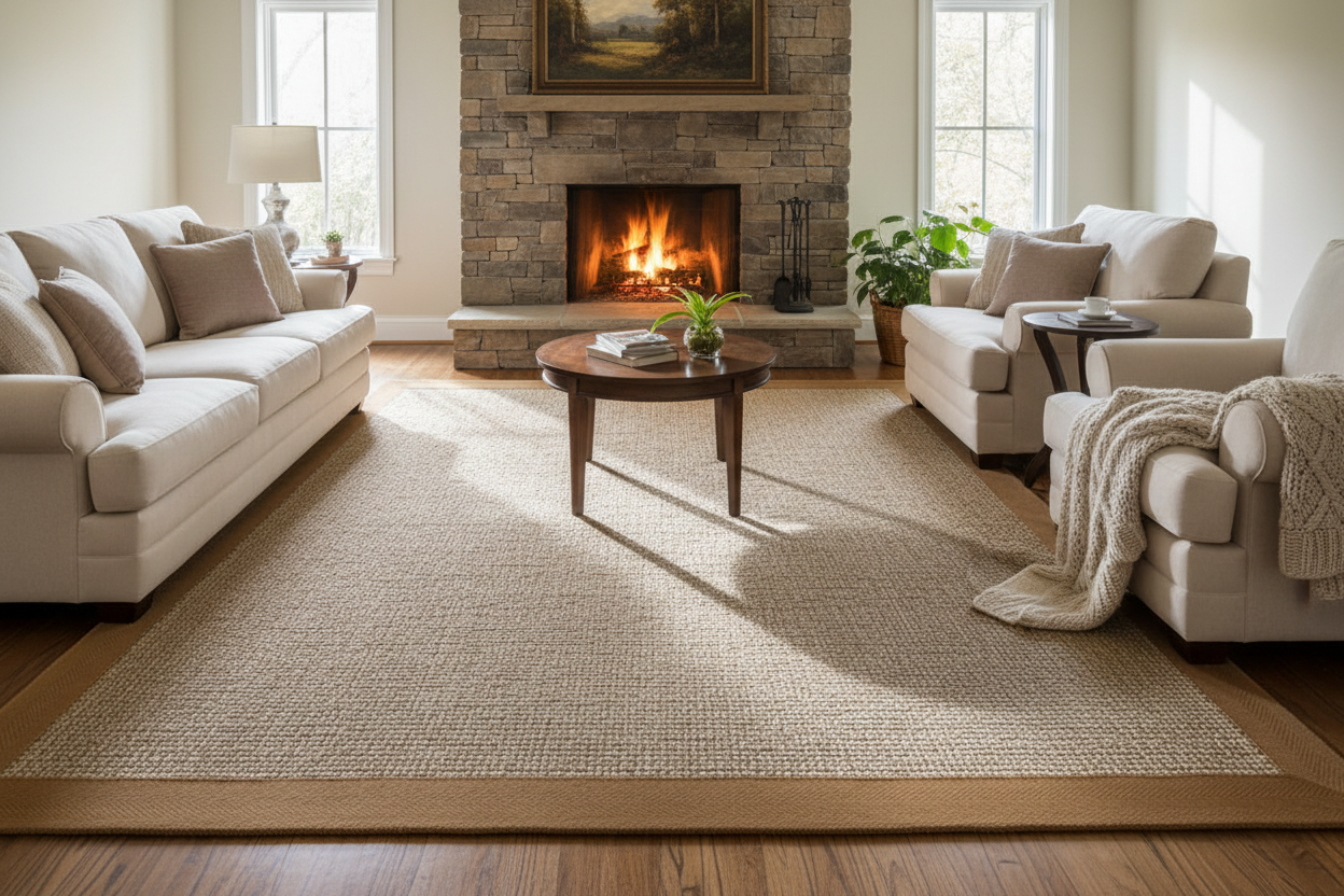 sisal carpet in a living room with a wide binding and a fire place at the back